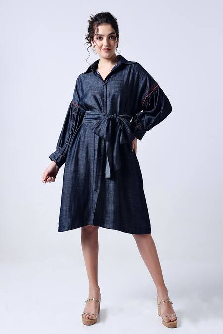 Style Junkiie_Blue Cotton, Poplin Collared Plain Bow Tie-up Shirt Dress _Online_at_Aza_Fashions
