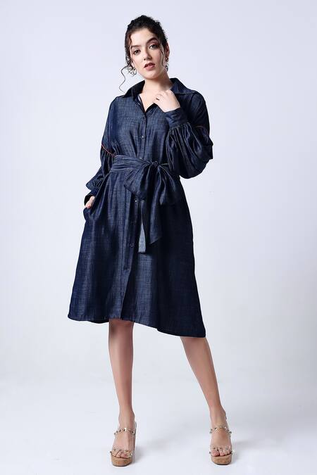 Buy_Style Junkiie_Blue Cotton, Poplin Collared Plain Bow Tie-up Shirt Dress _Online_at_Aza_Fashions