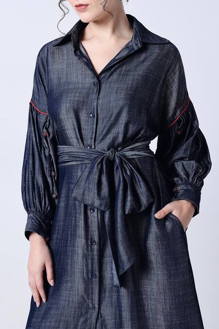Shop_Style Junkiie_Blue Cotton, Poplin Collared Plain Bow Tie-up Shirt Dress _Online_at_Aza_Fashions