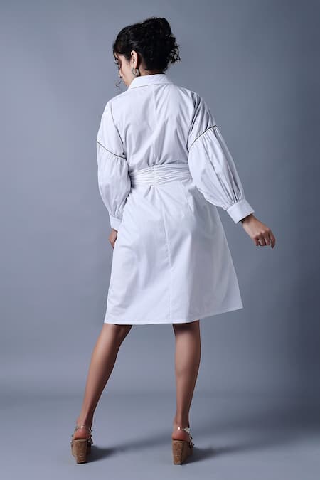 Shop_Style Junkiie_White Cotton, Poplin Collared Bow Tie-up Short Dress _at_Aza_Fashions