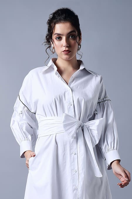 Buy_Style Junkiie_White Cotton, Poplin Collared Bow Tie-up Short Dress _Online_at_Aza_Fashions