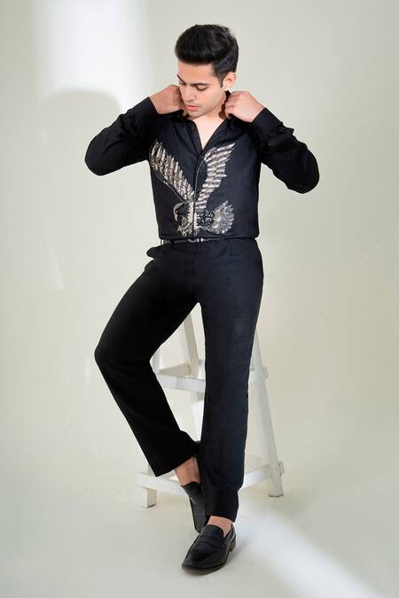 Buy_Menero_Black Cotton Sequins Eagle Embellished Shirt _Online_at_Aza_Fashions