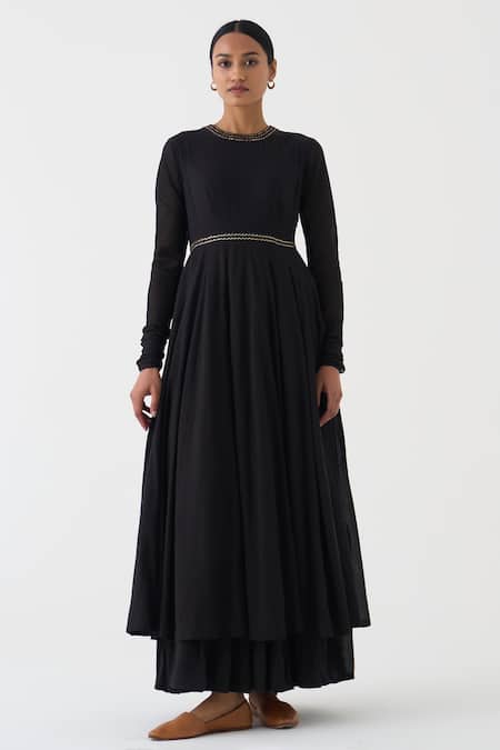 Shop_Dot_Black Cotton Zari Round Neck Amrita Anarkali With Dupatta 