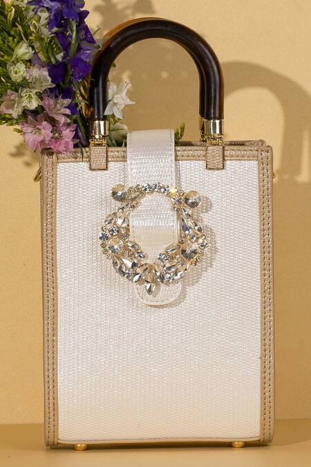 House Of Bio_Gold Crystal Bianca Brooch Bag _Online_at_Aza_Fashions