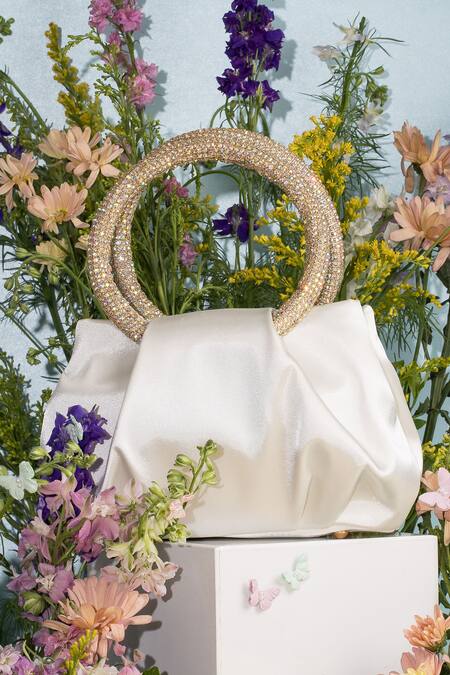 House Of Bio_White Crystal Nina Satin Studded Round Handle Bag _Online_at_Aza_Fashions