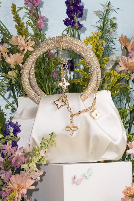 Buy_House Of Bio_White Crystal Nina Satin Studded Round Handle Bag _Online_at_Aza_Fashions