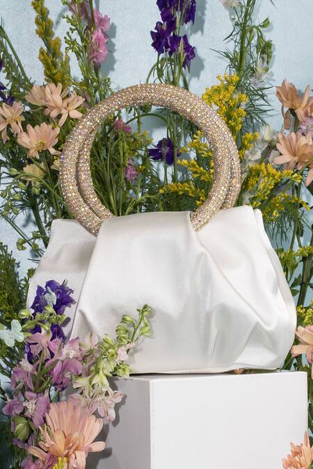 Shop_House Of Bio_White Crystal Nina Satin Studded Round Handle Bag _Online_at_Aza_Fashions
