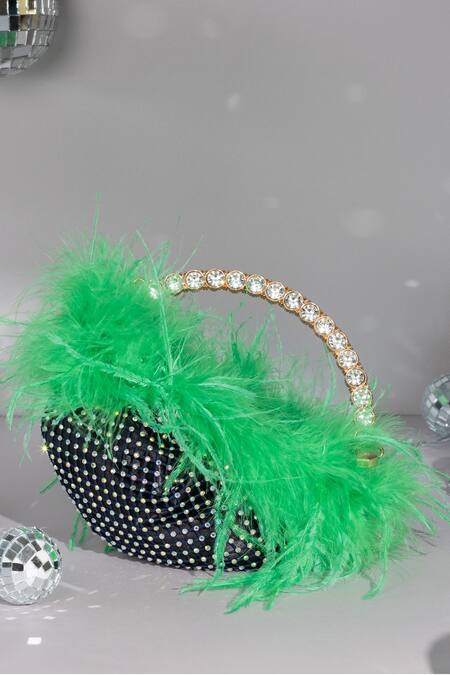 House Of Bio_Black Crystal Nora Embellished Feathered Bag _Online_at_Aza_Fashions