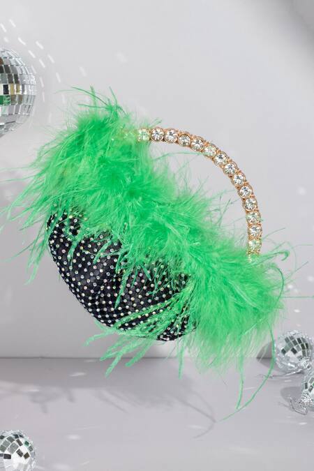 Buy_House Of Bio_Black Crystal Nora Embellished Feathered Bag _Online_at_Aza_Fashions