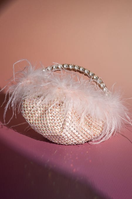 House of Bio Peach Crystal Nora Feathered Embellished Bag 