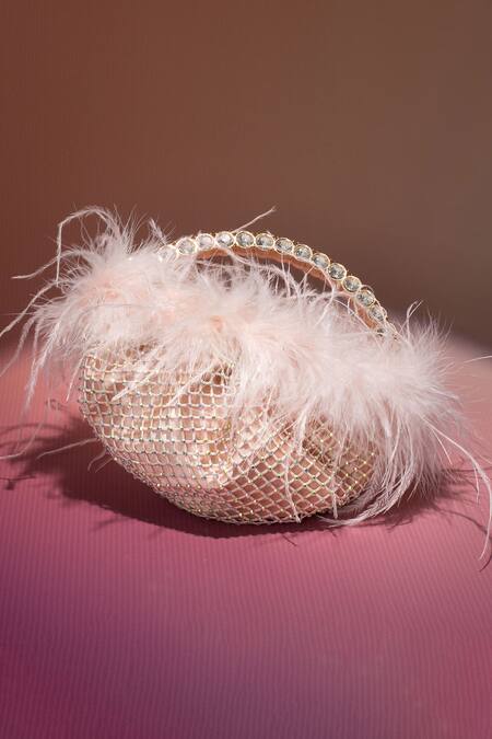 House Of Bio_Peach Crystal Nora Feathered Embellished Bag _Online_at_Aza_Fashions
