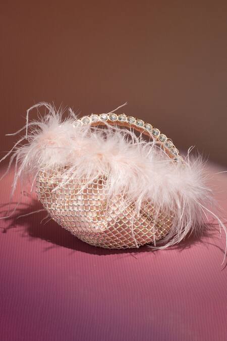 Buy_House Of Bio_Peach Crystal Nora Feathered Embellished Bag _Online_at_Aza_Fashions