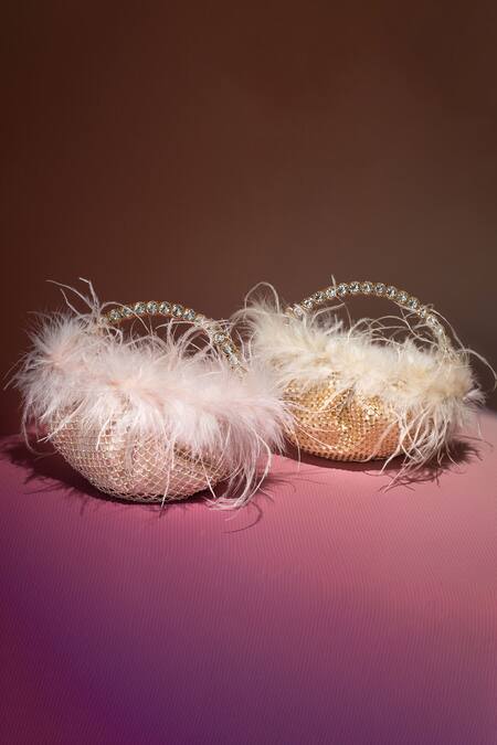 Shop_House Of Bio_Peach Crystal Nora Feathered Embellished Bag _Online_at_Aza_Fashions