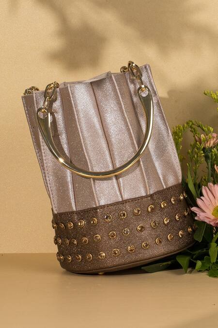 House Of Bio_Gold Crystal Studs Alice Satin Embellished Handbag _Online_at_Aza_Fashions