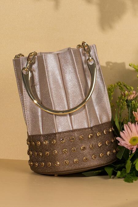Shop_House Of Bio_Gold Crystal Studs Alice Satin Embellished Handbag _Online_at_Aza_Fashions