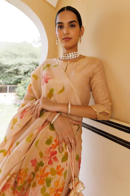 Shop_Geroo Jaipur_Pink Chanderi Embroidery, Mirrors Keyhole Neck Mukaish Kurta Gharara Set _Online_at_Aza_Fashions