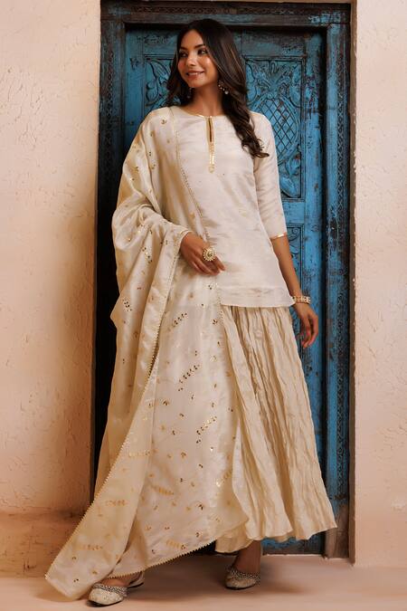 Geroo Jaipur_Gold Chanderi Embroidery, Mirrors, Gota Patti Embellished Kurta Gharara Set _Online_at_Aza_Fashions