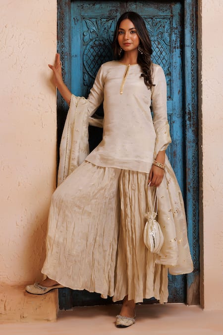 Geroo Jaipur_Gold Chanderi Embroidery, Mirrors, Gota Patti Embellished Kurta Gharara Set _at_Aza_Fashions