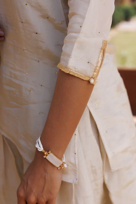 Shop_Geroo Jaipur_Gold Chanderi Embroidery, Mirrors, Gota Patti Embellished Kurta Gharara Set 