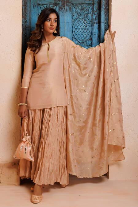 Shop_Geroo Jaipur_Pink Chanderi Embroidery, Mirrors Keyhole Mukaish Embellished Kurta Gharara Set _Online_at_Aza_Fashions