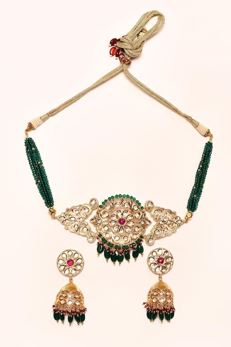 Nazaakat By Samara Singh_Green Stones Kundan And Embellished Choker Necklace Set _Online_at_Aza_Fashions