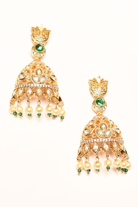 Shop_Nazaakat By Samara Singh_White Pearls, Stones Floral Cut Work Pendant Necklace Set _Online_at_Aza_Fashions