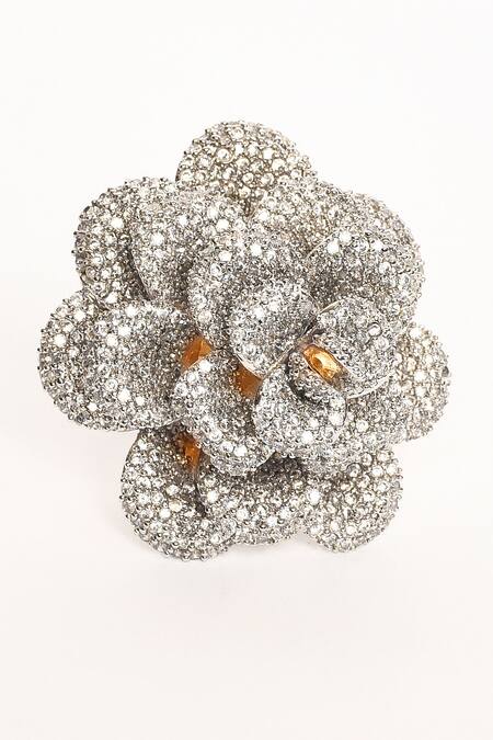 Nayaab By Aleezeh_White American Diamond Embellished Rose Cut Work Ring_Online_at_Aza_Fashions