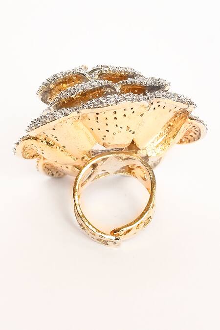 Shop_Nayaab By Aleezeh_White American Diamond Embellished Rose Cut Work Ring_Online_at_Aza_Fashions