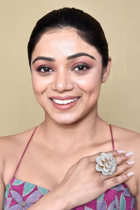 Nayaab By Aleezeh_White American Diamond Embellished Rose Cut Work Ring_at_Aza_Fashions