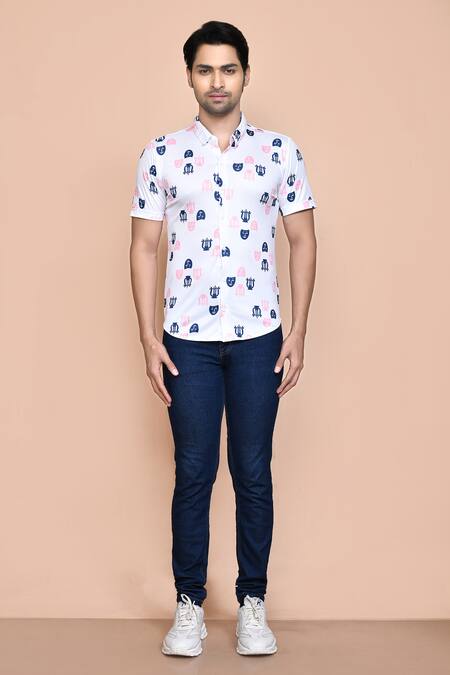 Aryavir Malhotra_White Nylon Faces Print Shirt _Online_at_Aza_Fashions