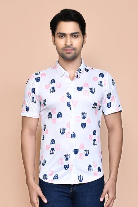 Buy Aryavir Malhotra White Nylon Faces Print Shirt Online at Aza Fashions Buy_Aryavir Malhotra_White Nylon Faces Print Shirt _Online_at_Aza_Fashions