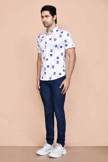 Shop_Aryavir Malhotra_White Nylon Faces Print Shirt _Online_at_Aza_Fashions