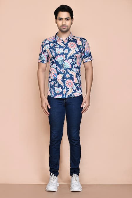 Aryavir Malhotra_Blue Nylon Embroidery Floral Print Shirt _Online_at_Aza_Fashions