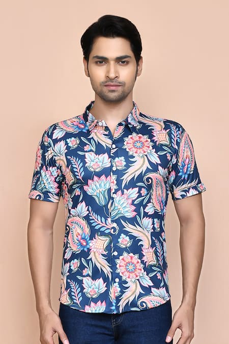 Buy_Aryavir Malhotra_Blue Nylon Embroidery Floral Print Shirt _Online_at_Aza_Fashions