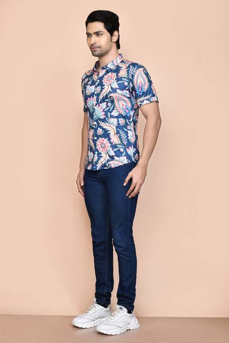 Shop_Aryavir Malhotra_Blue Nylon Embroidery Floral Print Shirt _Online_at_Aza_Fashions