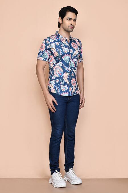 Aryavir Malhotra_Blue Nylon Embroidery Floral Print Shirt _at_Aza_Fashions
