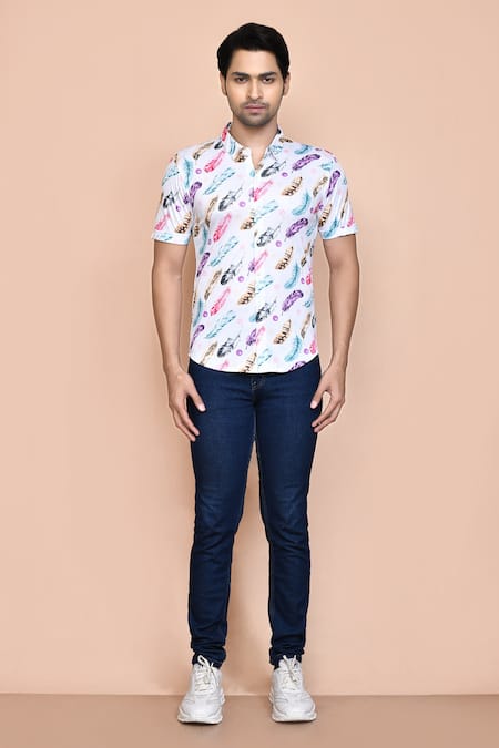 Aryavir Malhotra_White Nylon Feather Print Shirt _Online_at_Aza_Fashions