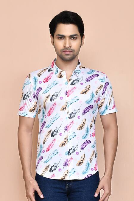 Buy Aryavir Malhotra White Nylon Feather Print Shirt Online at Aza Fashions Buy_Aryavir Malhotra_White Nylon Feather Print Shirt _Online_at_Aza_Fashions