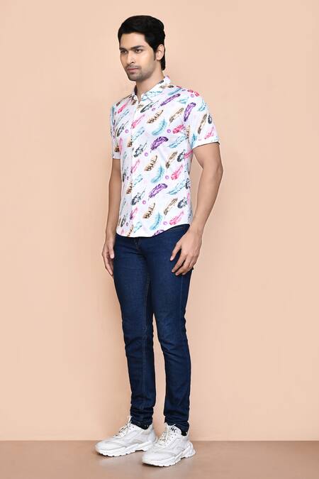 Shop_Aryavir Malhotra_White Nylon Feather Print Shirt _Online_at_Aza_Fashions