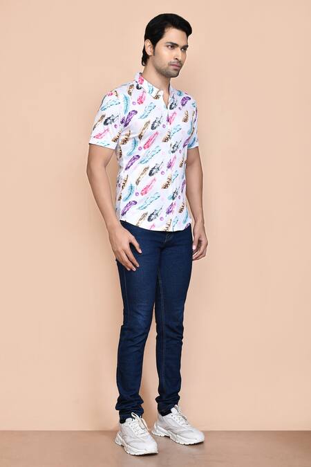 Aryavir Malhotra_White Nylon Feather Print Shirt _at_Aza_Fashions