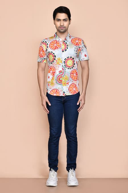 Aryavir Malhotra_Grey Nylon Orange Slice Print Shirt _Online_at_Aza_Fashions