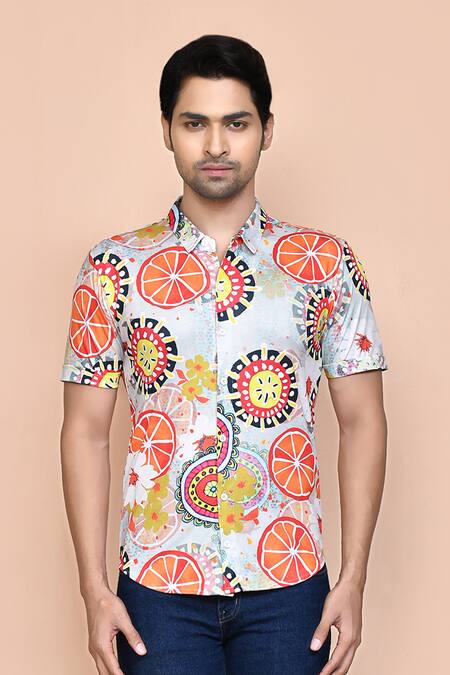 Buy Aryavir Malhotra Grey Nylon Orange Slice Print Shirt Online at Aza Fashions Buy_Aryavir Malhotra_Grey Nylon Orange Slice Print Shirt _Online_at_Aza_Fashions