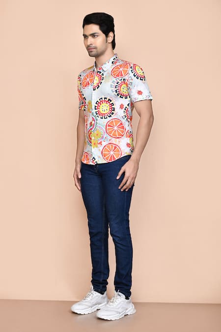 Shop_Aryavir Malhotra_Grey Nylon Orange Slice Print Shirt _Online_at_Aza_Fashions