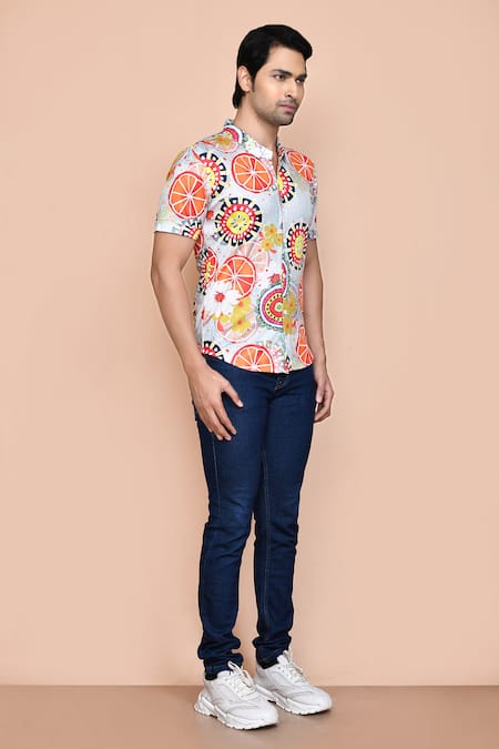 Aryavir Malhotra_Grey Nylon Orange Slice Print Shirt _at_Aza_Fashions