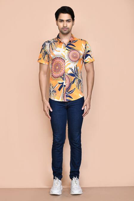 Aryavir Malhotra_Yellow Nylon Embroidery Floral Mandala Print Shirt _Online_at_Aza_Fashions