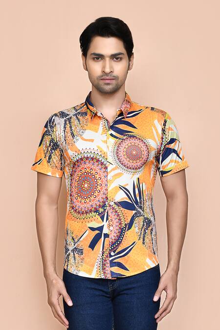 Buy_Aryavir Malhotra_Yellow Nylon Embroidery Floral Mandala Print Shirt _Online_at_Aza_Fashions