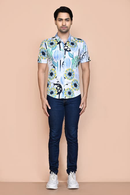 Aryavir Malhotra_Blue Nylon Embroidery Floral Blossom Print Shirt _Online_at_Aza_Fashions