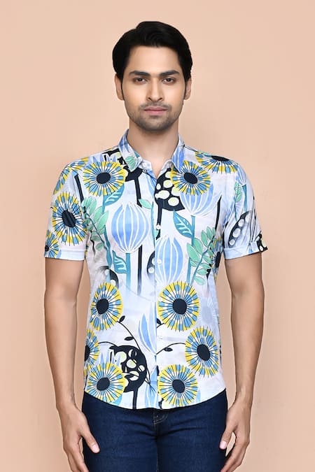 Buy Aryavir Malhotra Blue Nylon Embroidery Floral Blossom Print Shirt Online at Aza Fashions Buy_Aryavir Malhotra_Blue Nylon Embroidery Floral Blossom Print Shirt _Online_at_Aza_Fashions
