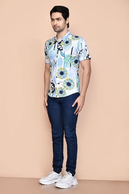 Shop_Aryavir Malhotra_Blue Nylon Embroidery Floral Blossom Print Shirt _Online_at_Aza_Fashions