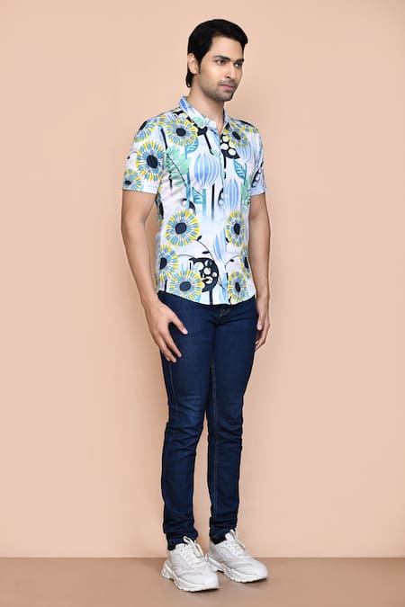 Aryavir Malhotra_Blue Nylon Embroidery Floral Blossom Print Shirt _at_Aza_Fashions